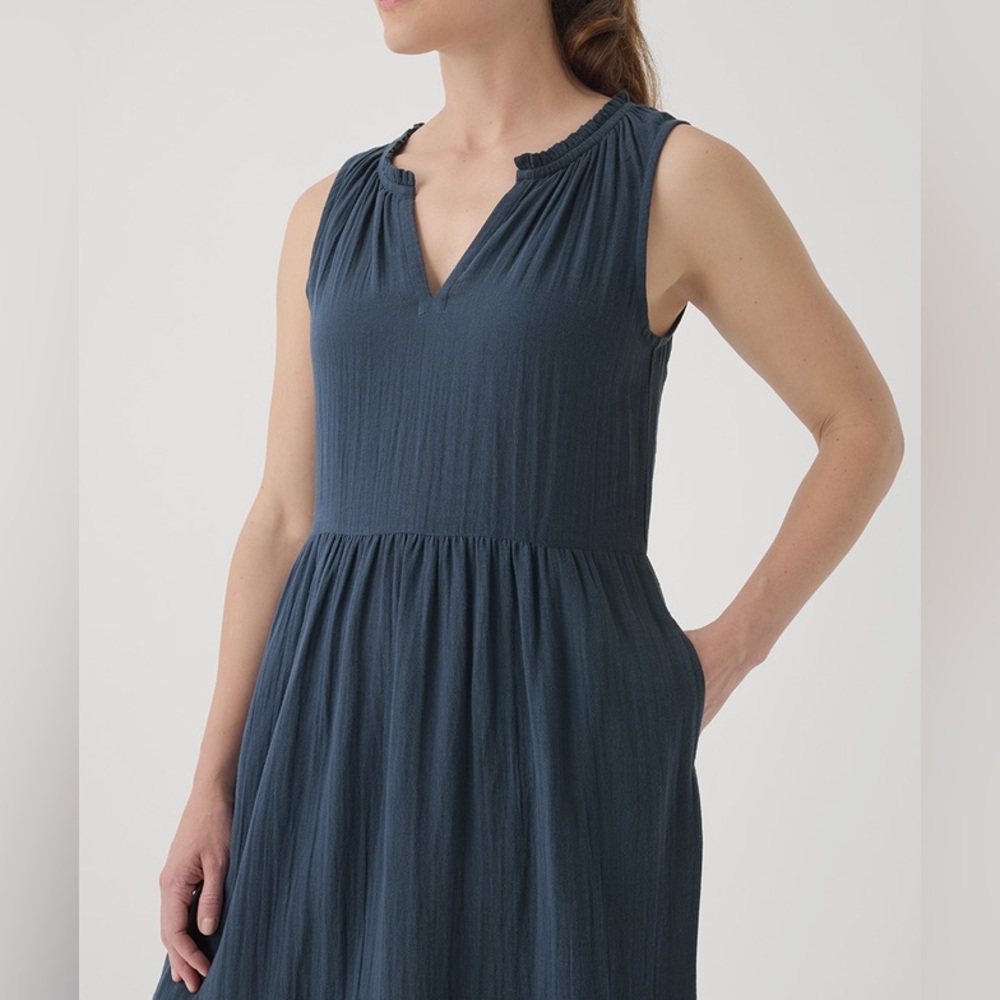 NWT✨ PACT organic French Navy Coastal Double Gauze Ruffle Maxi Dress - Picture 9 of 12